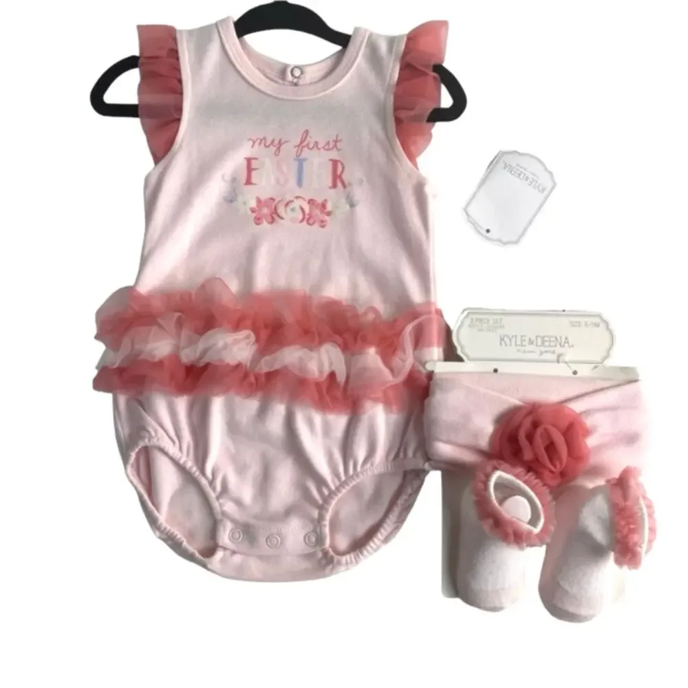 NWT Kyle & Deena Girls Easter 3 Piece Set Bodysuit Headband Socks 6-9 Months